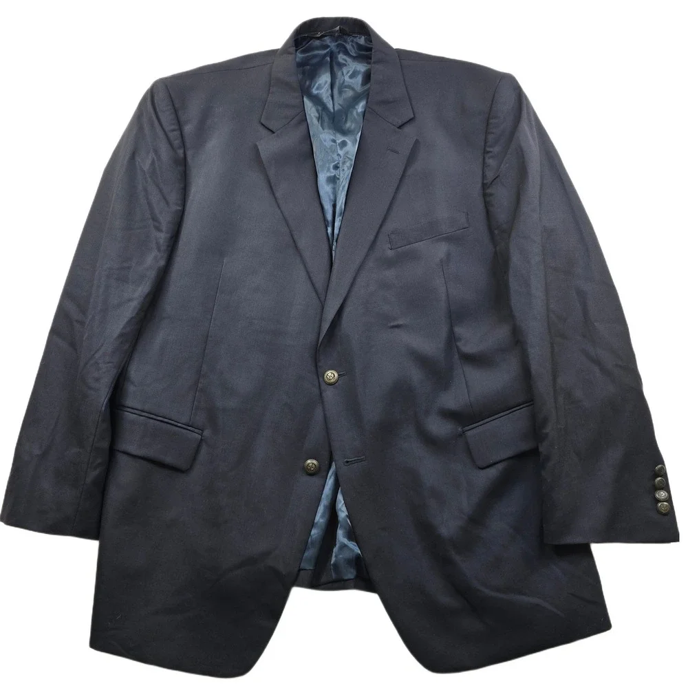 JoS A Bank Wool Blazer Mens 50R‎ Navy Blue Metal Gold Crest Buttons Sport Coat